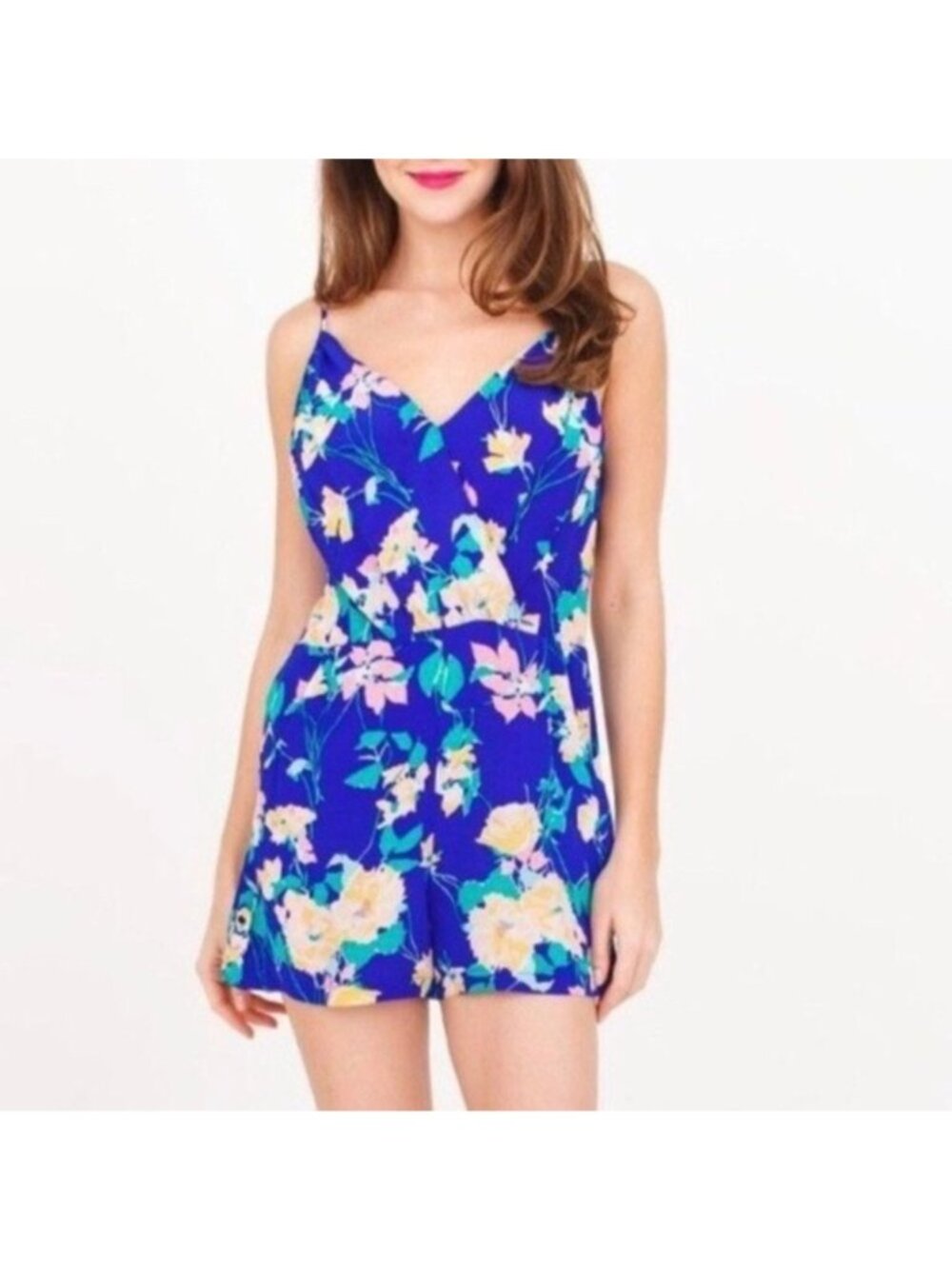 Yumi Kim Size XS Lea Romper Blue Floral Sleeveless Adjustable Straps Faux Wrap